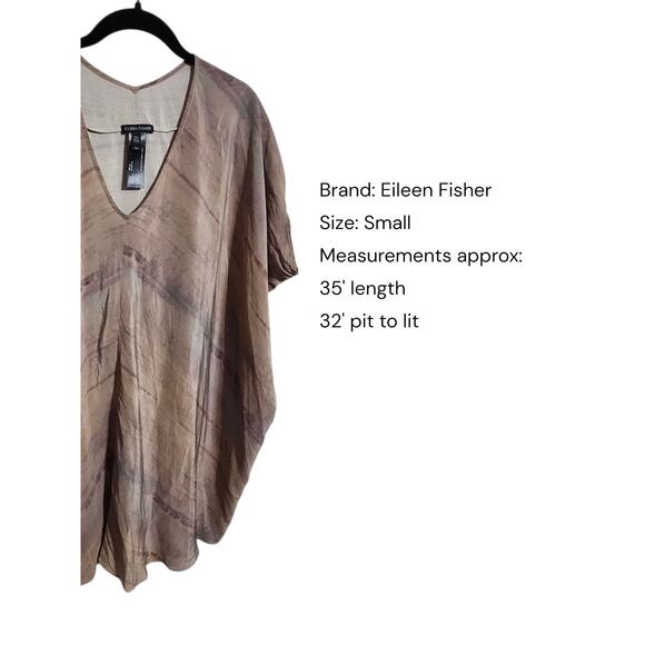 Eileen Fisher Women Small Mocha Grove Printed Silk Crepe V Neck Wedge Tunic Top - Picture 2 of 9